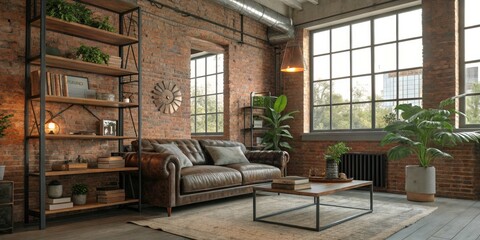 Industrial-Style Living Room with Exposed Brick Wall, Large Windows, Leather Sofa, Urban Decor, Modern Interior Design, Cozy Atmosphere, Contemporary Furniture, Stylish Home, Loft Inspiration