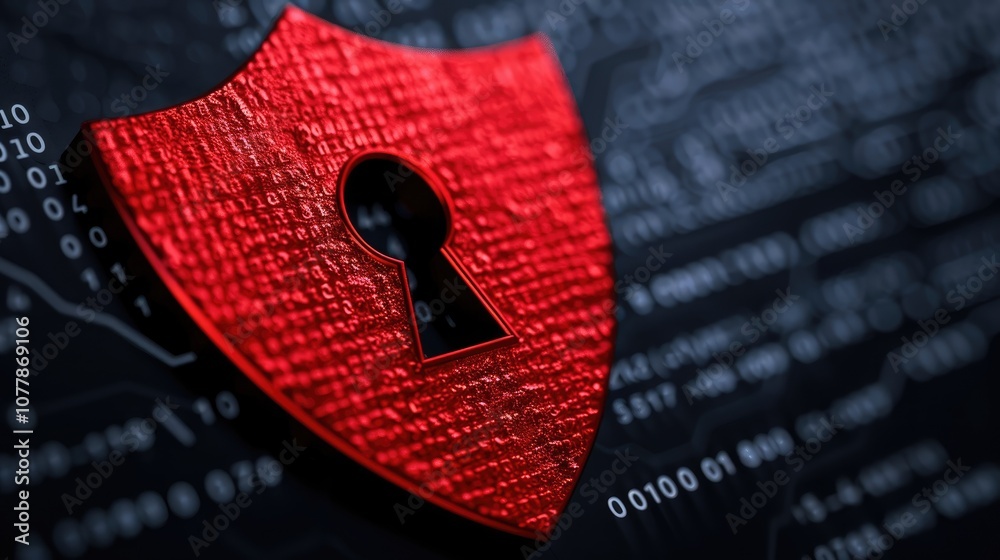 Poster a vibrant red shield with a keyhole sits against a dark background filled with coding, symbolizing c