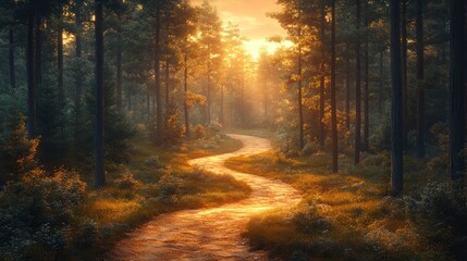 Fototapeta premium Serene forest path illuminated by sunset.
