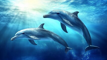 Two dolphins swim together in the ocean with sunlight shining down on them.