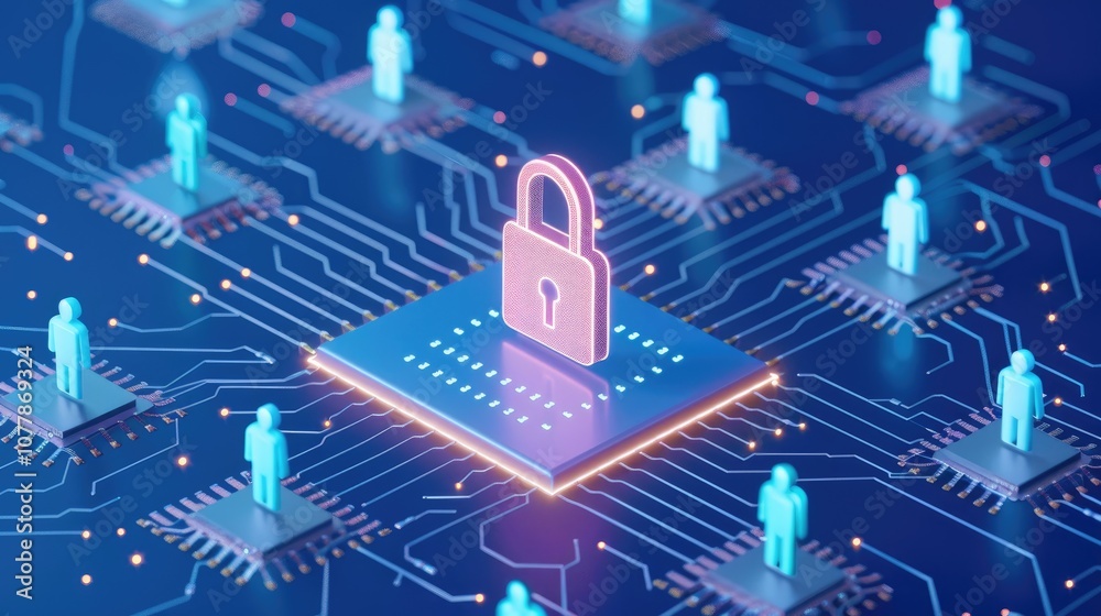 Poster a digital representation of cybersecurity featuring a lock symbol surrounded by circuit patterns and