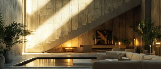 Fototapeta premium Modern interior design with concrete stairs, a pool, and plants.