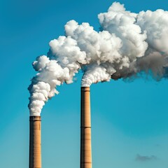 Two tall smokestacks emit white smoke against a bright blue sky, highlighting industrial activity and environmental concerns.