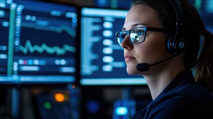 A focused professional in a headset monitors complex data on multiple screens in a high-tech environment.