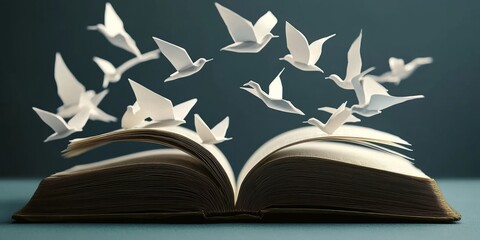 Paper Birds Flying from Open Book: Symbol of Imagination and Freedom