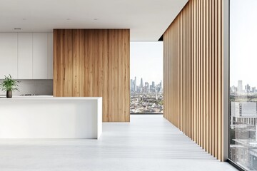 Modern kitchen with wooden wall and city view.