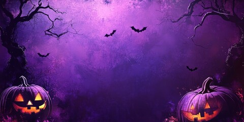 Purple Halloween background with pumpkins and tree. Abstract grunge wallpaper for holiday party