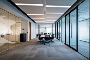 Spacious Modern Office Interior with Dynamic Light Patterns and Bright Grey Floor