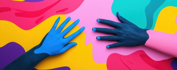 Fototapeta premium Two hands, one blue and one pink, rest on a vibrant, colorful background with abstract shapes.