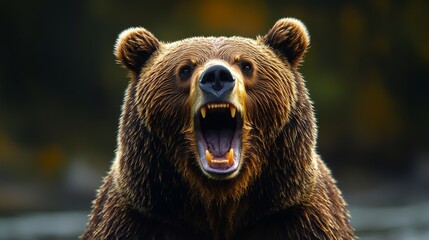 Obraz premium Grizzly bear roaring in forest close-up