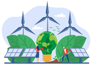 businessman water the plants on Earth in shape of lightbulb lamp with ecology problem ESG renewable, green, safe and long term source concept vector