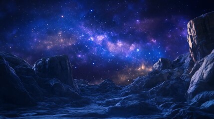 Stone formations under a deep night sky brimming with countless stars and the glow of a vibrant galaxy stretching across, creating an ethereal, mystical scene