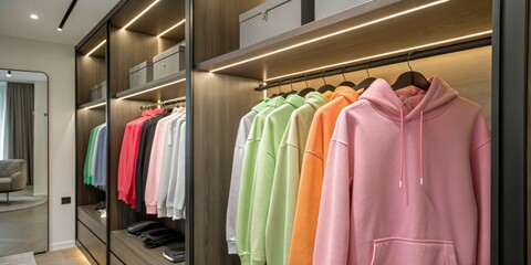 Obraz premium Colorful Display of Hoodies in a Modern Wardrobe - Trendy Apparel Organization for Stylish Fashion Storage and Inspiration