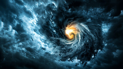 Fototapeta premium swirling vortex of dark clouds with bright light at center creates dramatic and intense atmosphere. contrast between stormy sky and radiant light evokes sense of awe and mystery
