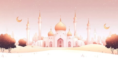 A White Mosque with Golden Domes and Minarets Under a Pink Sky