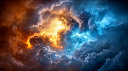 Dramatic clouds in vibrant orange and blue hues create stunning contrast, evoking sense of awe and wonder in sky