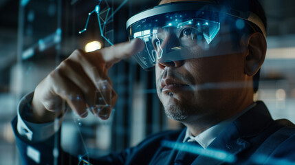 Business professional using AR to review AI ethics with digital documents and compliance guidelines, including holograms for data protection and legal standards.