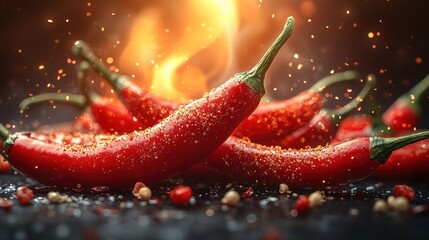 Red chili peppers with fire in the background.