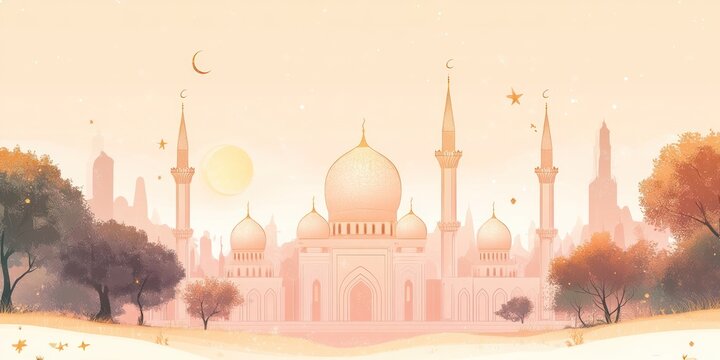 A Mosque in a Pastel-Colored Cityscape with Trees and Golden Stars - Powered by Adobe