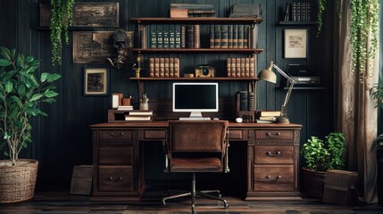 Vintage Home Office with Dark Wood Desk