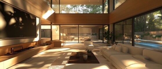 Modern living room with a large window overlooking a swimming pool.