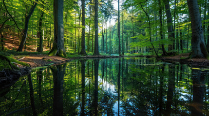 Fototapeta premium A hidden lake deep within a dense forest, the water calm and reflecting the towering trees that surround it