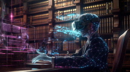 Legal expert reviewing AI regulations through an AR headset, with holographic charts and ethical guidelines, highlighting the intersection of AI and legal standards.