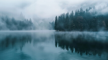 Fototapeta premium A lake shrouded in mist, the surrounding forest barely visible through the fog, creating a mysterious, serene scene