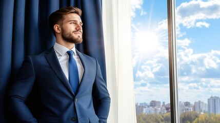 Fototapeta premium Confident Businessman in Suit Gazing Out the Window with Beautiful Cityscape Under Bright Blue Sky and Sunlight in Modern Office Setting