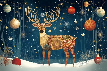A festive reindeer adorned with intricate patterns stands in a snowy forest with ornaments and snowflakes.