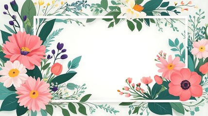 Fototapeta premium Floral Frame with Pink and White Flowers and Green Foliage