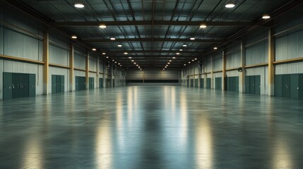 Fototapeta premium A spacious industrial warehouse with polished concrete floors and overhead lighting.