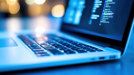 A close-up of a laptop keyboard with code displayed on the screen in a dimly lit environment.