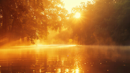 Obraz premium A misty lake at sunrise, the golden light filtering through the fog and illuminating the calm waters below