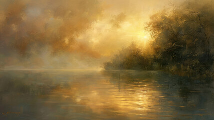 A misty lake at sunrise, the golden light filtering through the fog and illuminating the calm waters below