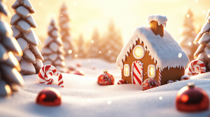 Cozy Gingerbread House Surrounded by Christmas Ornaments