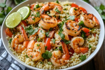 Grilled Shrimp with Couscous, Tomatoes, Cilantro, and Lime Wedges