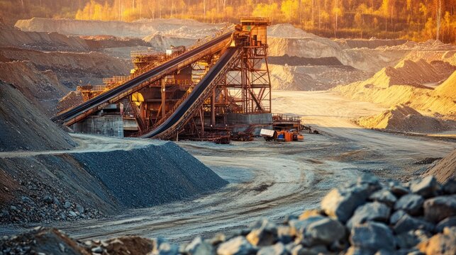 A mining site with machinery and conveyor belts in a rocky landscape.