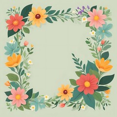 Obraz premium Colorful Floral Frame with Green Leaves on a Light Green Background
