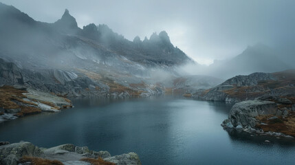 A mountain lake shrouded in thick morning fog, the mist hovering over the water as the peaks emerge in the distance