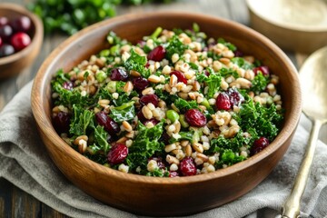 Close-Up of a Bowl of Kale Salad with Barley, Cranberries, and Seeds