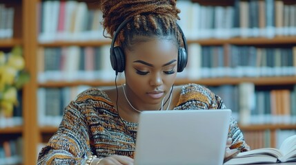 Young black student wearing headphones studying on laptop in library