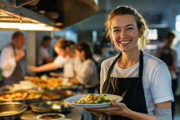 Chef smiling while holding a plated dish in a bustling restaurant kitchen