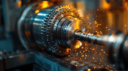 Metal lathe rotating and creating sparks during metal part processing