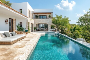 Luxury villa with infinity pool overlooking tropical landscape