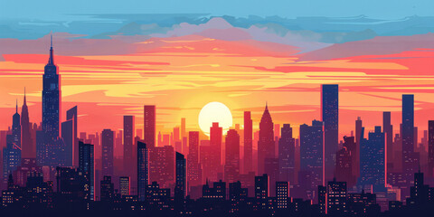 Fototapeta premium A panoramic view of a sunset over a sprawling urban skyline, with the buildings silhouetted against the glowing sky.