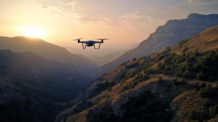 Fototapeta na wymiar A drone flies over a mountain valley at sunset.