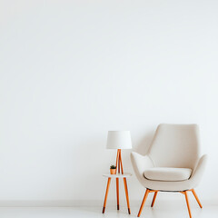 Elegant reading nook featuring single beige armchair, minimalist design, and small side table with lamp. Perfect for relaxation and comfort in modern space