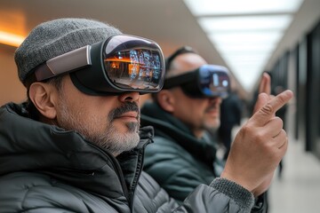 Two businessmen are interacting with virtual reality using vr headset