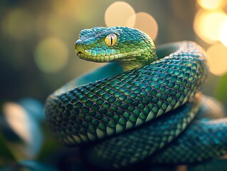 Close-up of a green snake in natural light